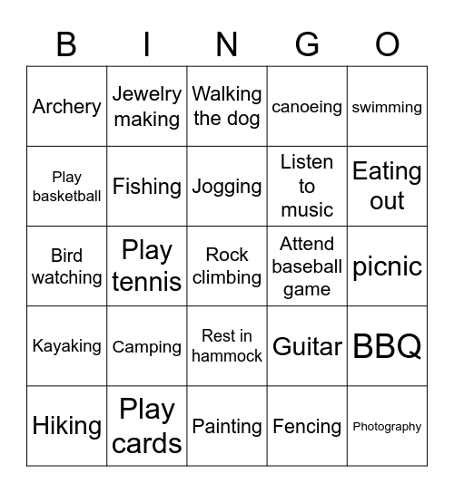 Outdoor Activities & Hobbies & Games Bingo Card