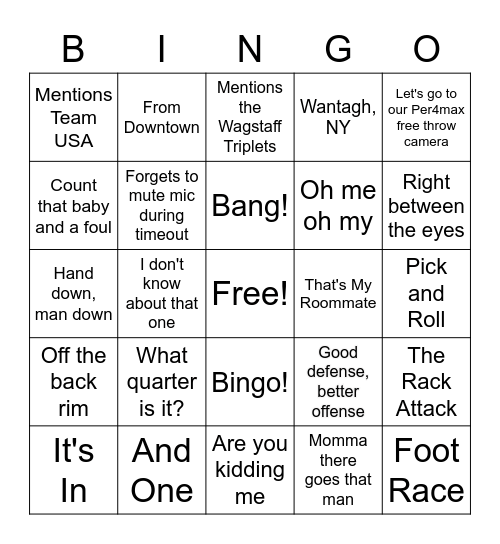 Announcer Bingo Card