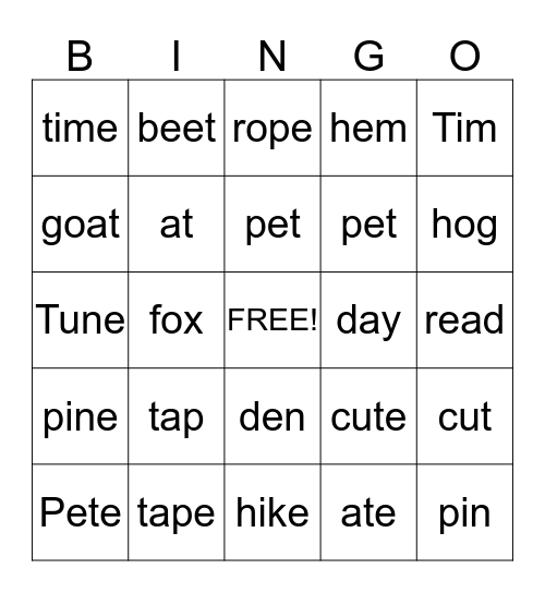 Long and Short Vowels Bingo Card