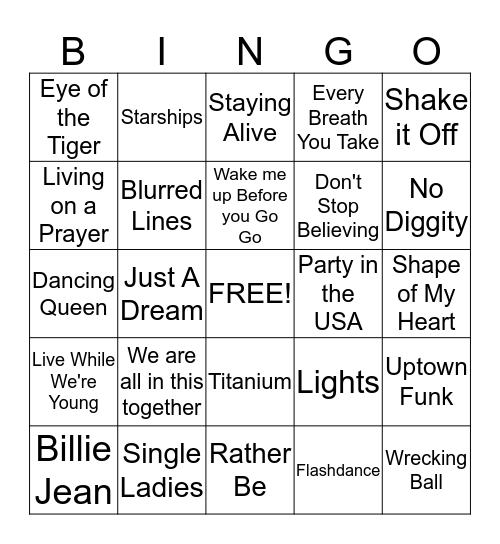 Name That Tune Bingo Card