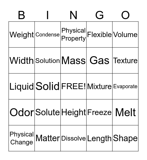 Matter and Energy Bingo Card