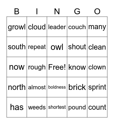 Spelling Word Bingo Card