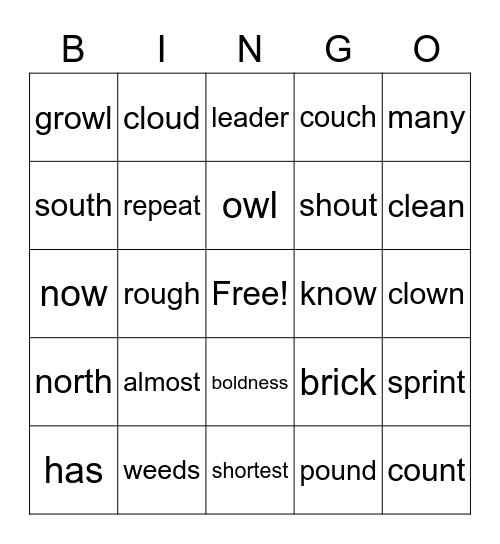 Spelling Word Bingo Card