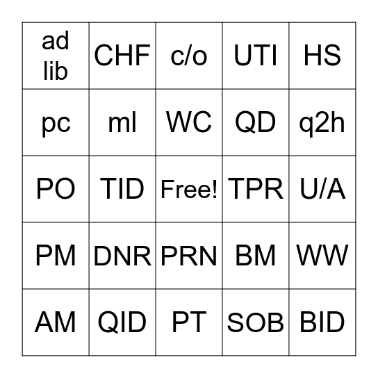 Abbreviation Bingo Card