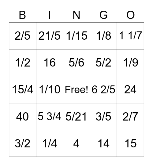 Equivalent Fractions and Simplest Form Bingo Card
