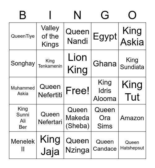 African Kings and Queens Bingo Card