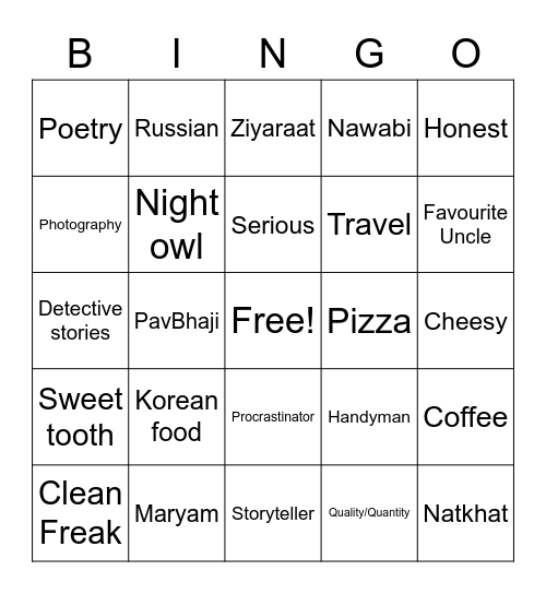 Valima Bingo Card
