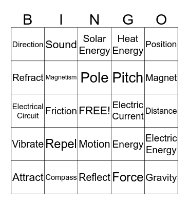Force, Motion, and Energy Bingo Card