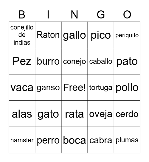 Los animales Bingo Card