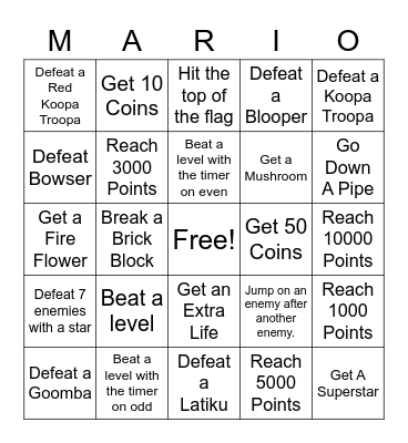 Super Mario Bros VS Bingo Card