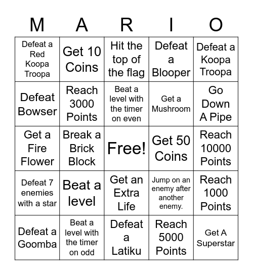 Super Mario Bros VS Bingo Card