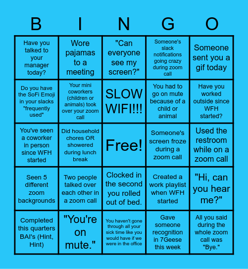 SoFi WFH Bingo Card