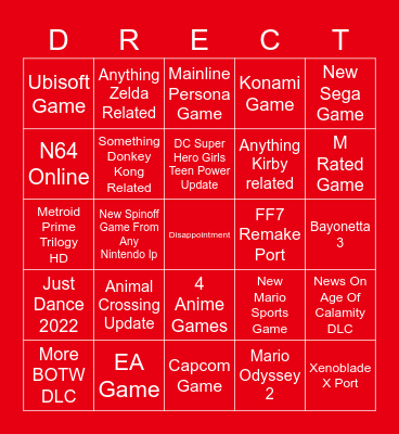 Next Nintendo Direct Bingo Card