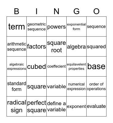 Math Terms Bingo Card