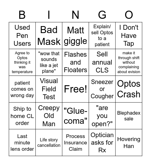 Eye Clinic Bingo Card