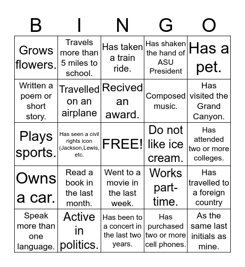 Bingo Directions Bingo Card