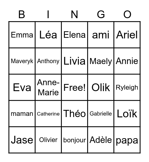 Élèves de maternelle Bingo Card