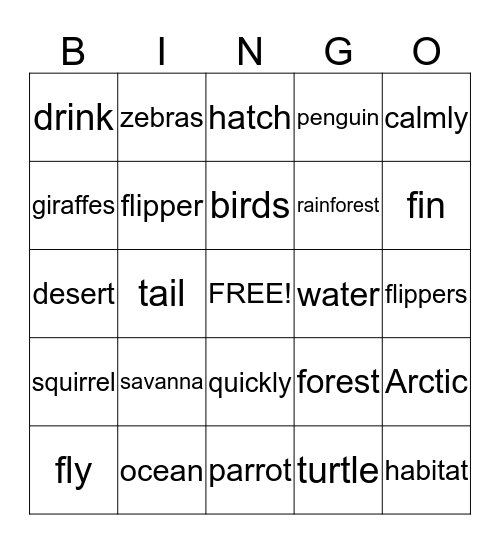 Animal and Animal Habitats Bingo Card