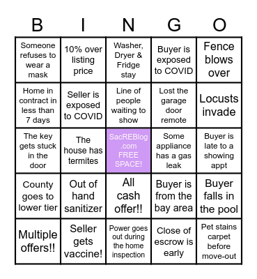 Sacramento Home Seller BINGO! Bingo Card