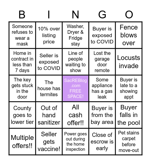 Sacramento Home Seller BINGO! Bingo Card