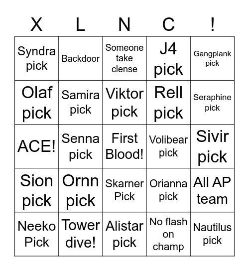 XLNC Bingo! Bingo Card