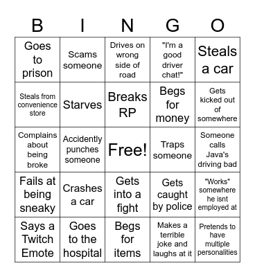 Java GTAV Bingo Card
