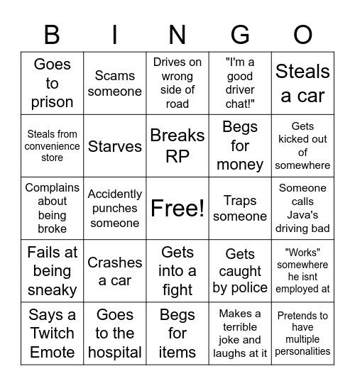 Java GTAV Bingo Card