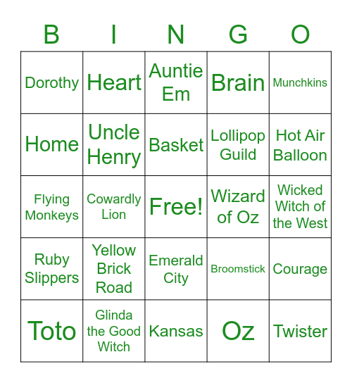 Fiona's WIZARD OF OZ Birthday Bingo Card