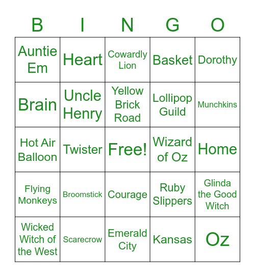 Fiona's WIZARD OF OZ Birthday Bingo Card