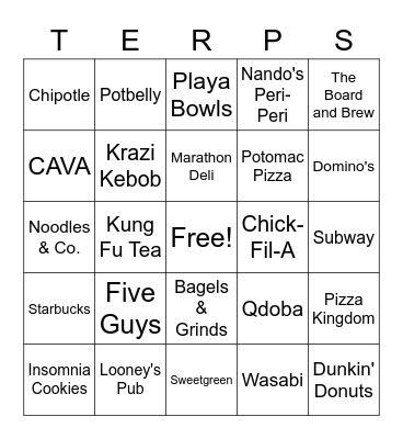 Food places in College Park Bingo Card