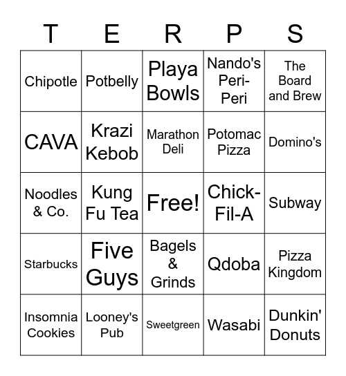 Food places in College Park Bingo Card