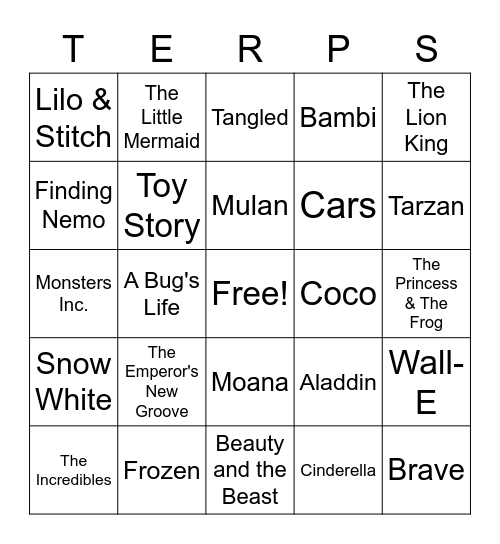 Disney Movies Bingo Card