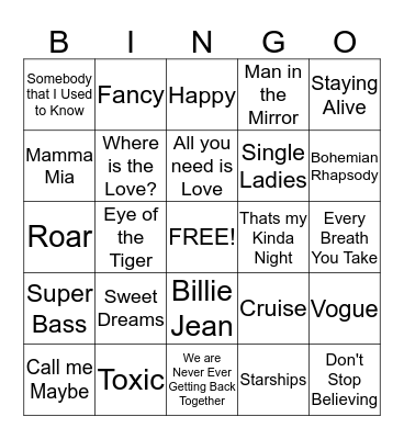 Name That Tune Bingo Card