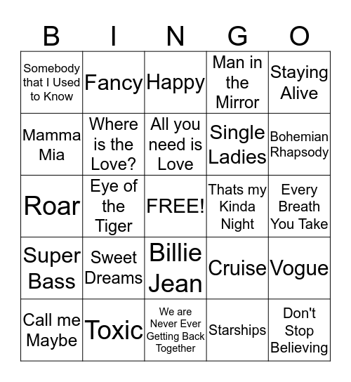 Name That Tune Bingo Card