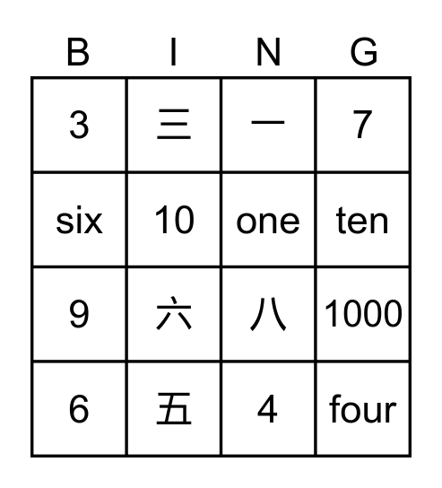word number Bingo Card