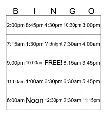 Time Bingo Card