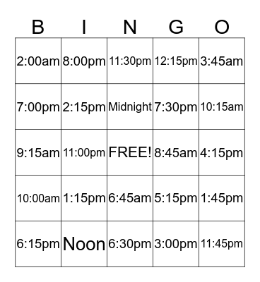 Time Bingo Card