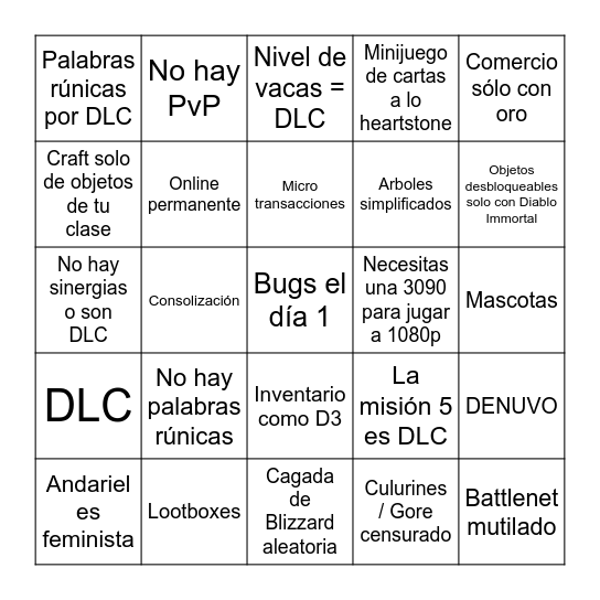 Diablo 2 Remaster bingo Card