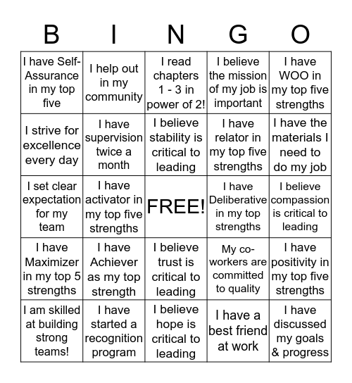 Leadership Bootcamp Bingo Card