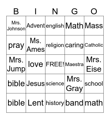 Catholic Schools Bingo Card