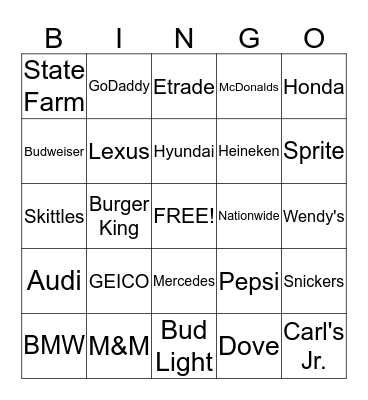 Super Bowl XLIX Commercials  Patriots vs Seahawks Bingo Card
