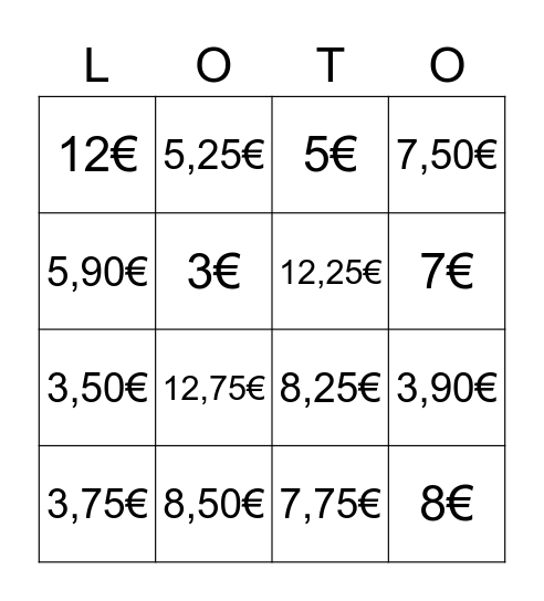 C'est combien? Bingo Card