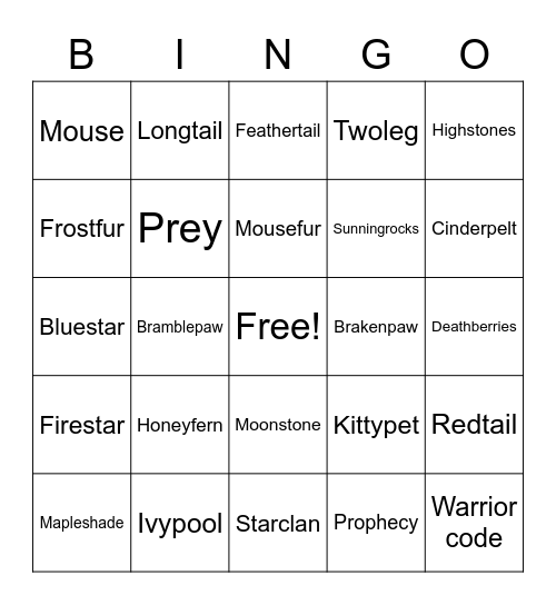 Warrior cat tour guide Bingo Card
