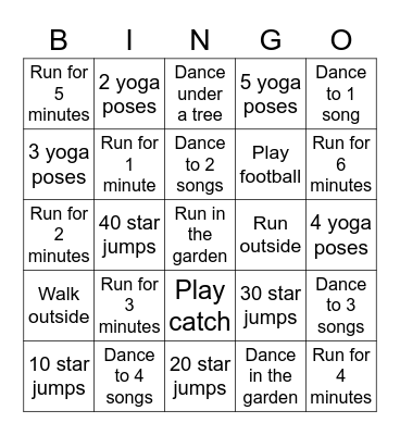 Exercise Bingo Card