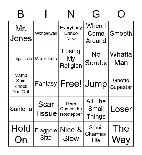 90's Hits Bingo Card