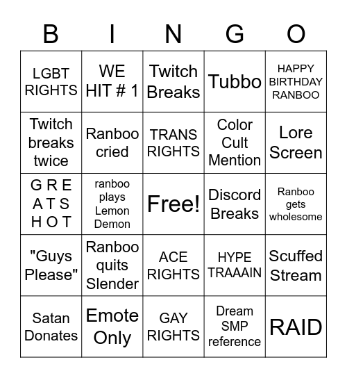 Subathon Bingo Card