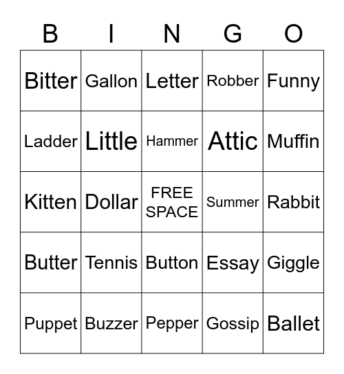 Middle Consonants Bingo Card