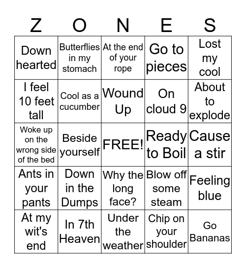 Zones Sayings Bingo Card