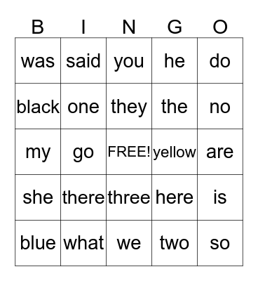 Sight Words Bingo Card