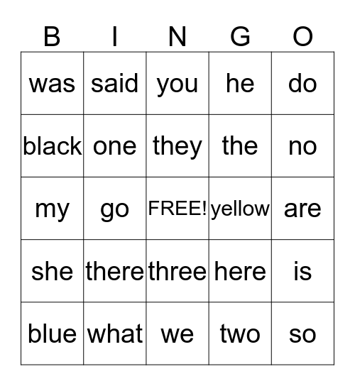 Sight Words Bingo Card